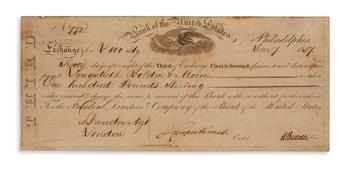 (BUSINESS.) NICHOLAS BIDDLE. Two items, each Signed, NBiddle: Partly-printed Document * Brief Autograph Letter. b...